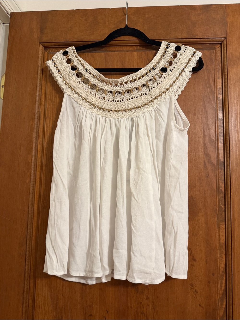 Cream Crochet Yoke White Sleeveless Top